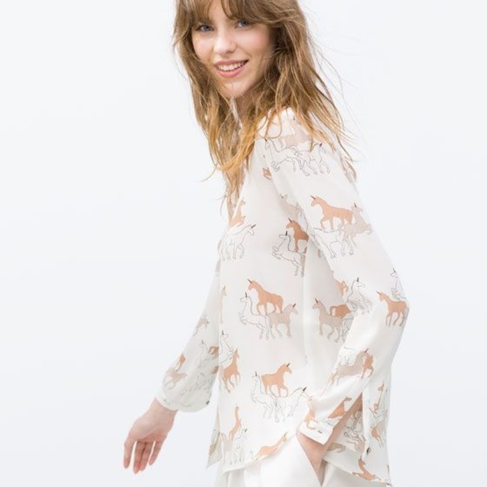 Zara Basic Button Down Unicorn Print T-Shirt